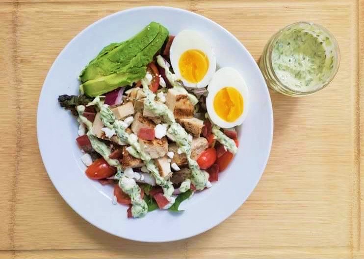 Plate of green goddess cobb salad with chicken