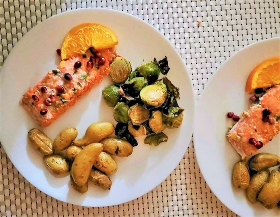 Orange Pomegranate Glazed Salmon with Potatoes and Brussels Sprouts