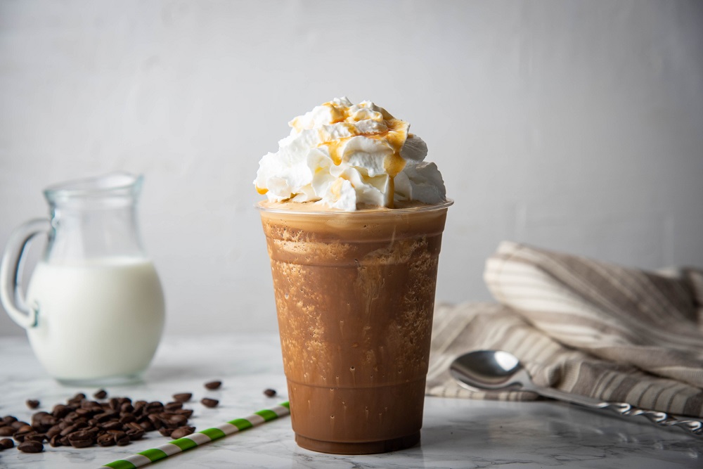 Healthy Frozen Caramel Mocha drink with whipped cream