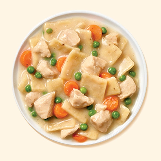 Chicken and dumplings in a bowl