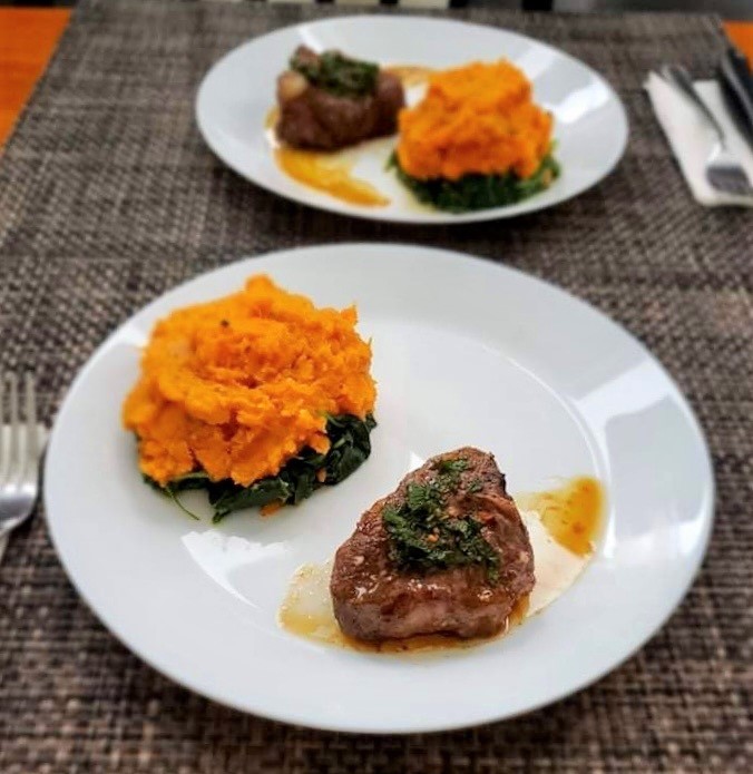 Garlic and Mint Lamb Chops with Spinach and Mashed Sweet Potatoes