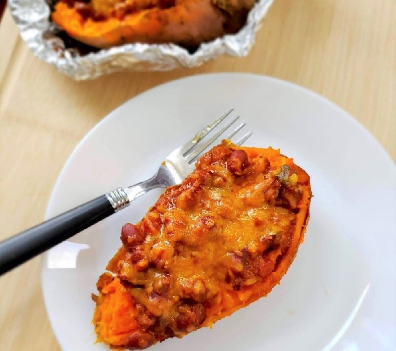 Grilled Chili and Cheese Stuffed Sweet Potatoes