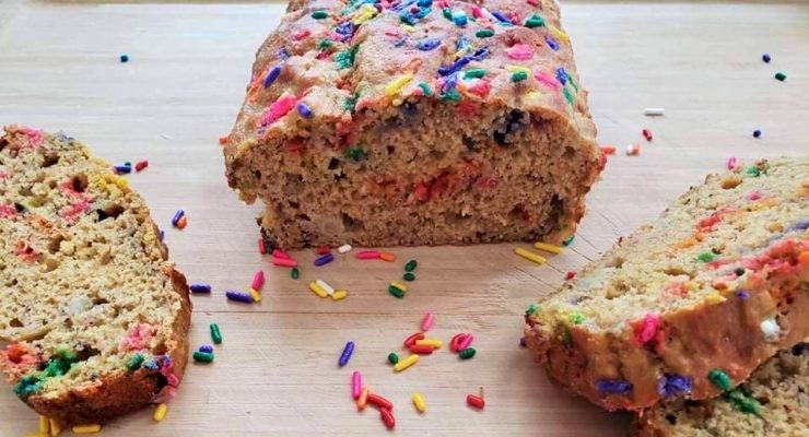 Birthday Cake Banana Bread with rainbow sprinkles