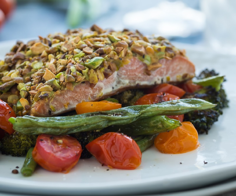 Pistachio Crusted Salmon with Asparagus and Rice