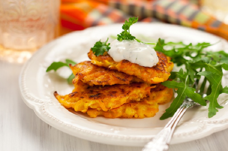 Carrot and Potato Fritters with Cilantro Yogurt Dip