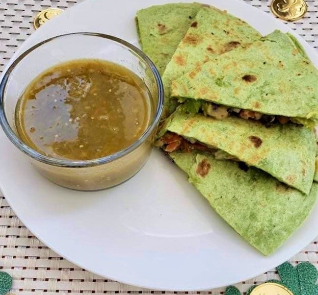 Green Black Bean and Cheese Quesadillas with salsa verde