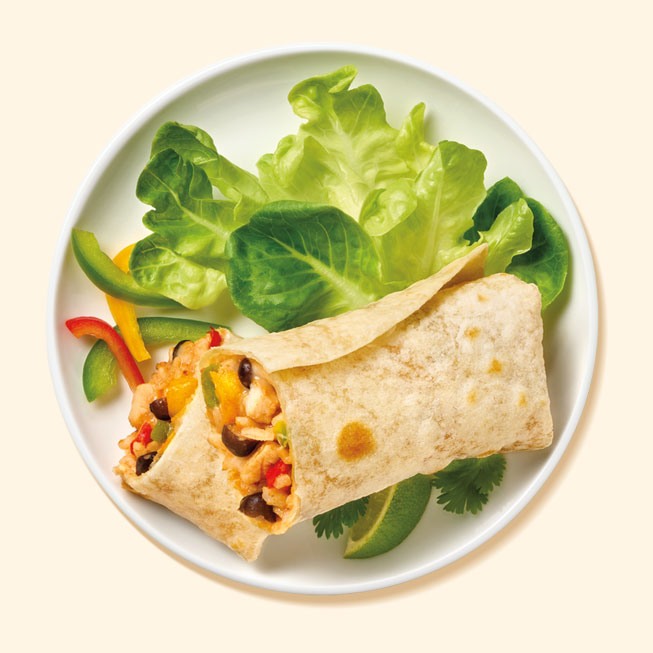 frozen BBQ Chicken Burrito on a plate with lettuce