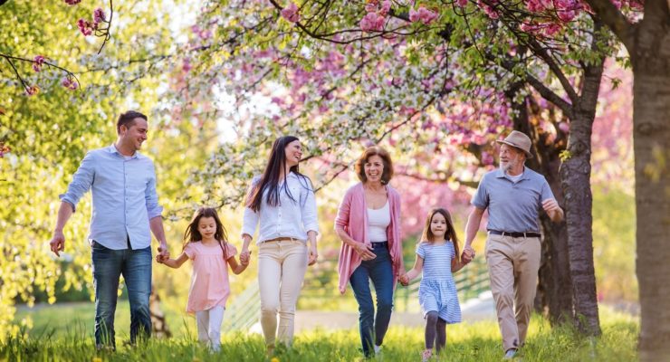 Three generation family walking outside in spring