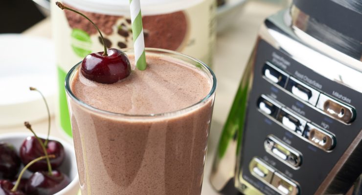 Nutrisystem Chocolate Shake garnished with a cherry and a straw