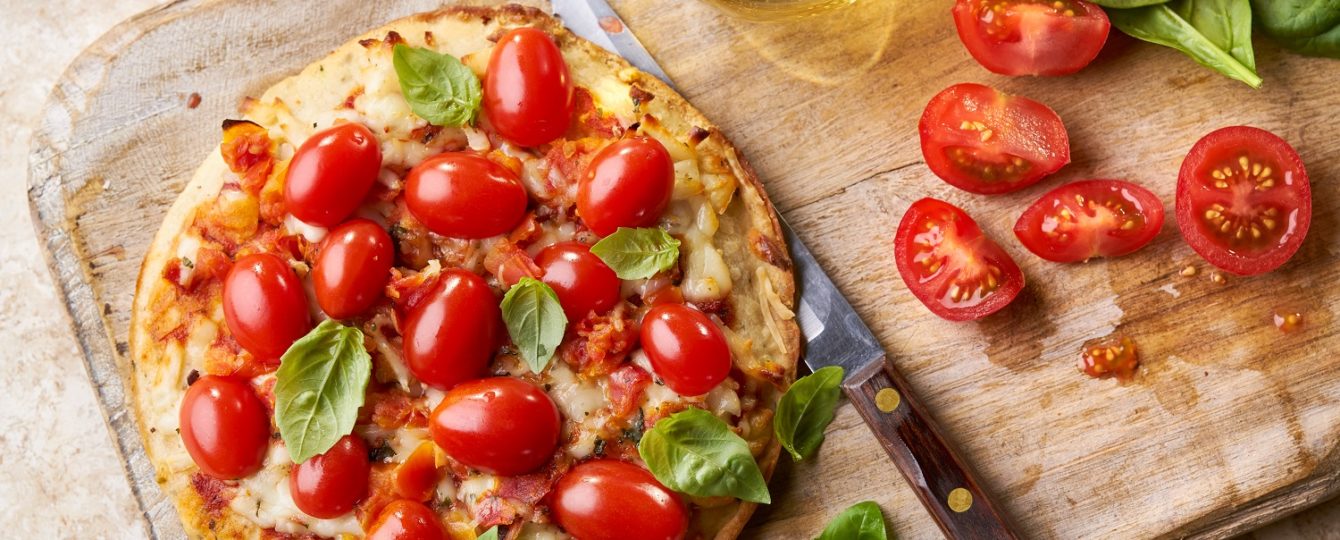 Nutrisystem Pizza with cherry tomatoes and fresh basil