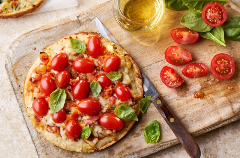 Nutrisystem Pizza with cherry tomatoes and fresh basil