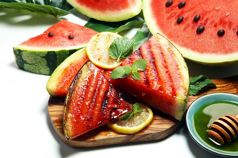 grilled watermelon with mint, lemon and honey