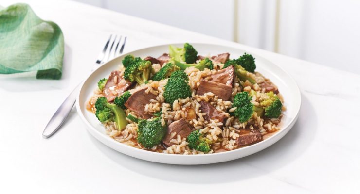 Plate of rice, beef and broccoli
