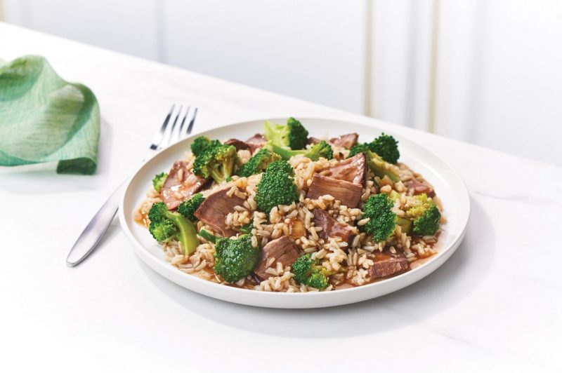 Plate of rice, beef and broccoli