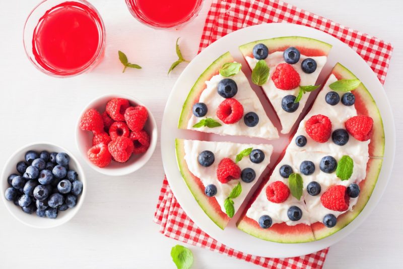 watermelon pizza slices with yogurt and berries