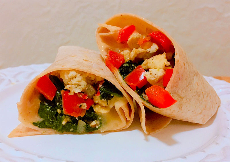 Cheesy Egg White Breakfast Burrito with Sundried Tomatoes and Spinach