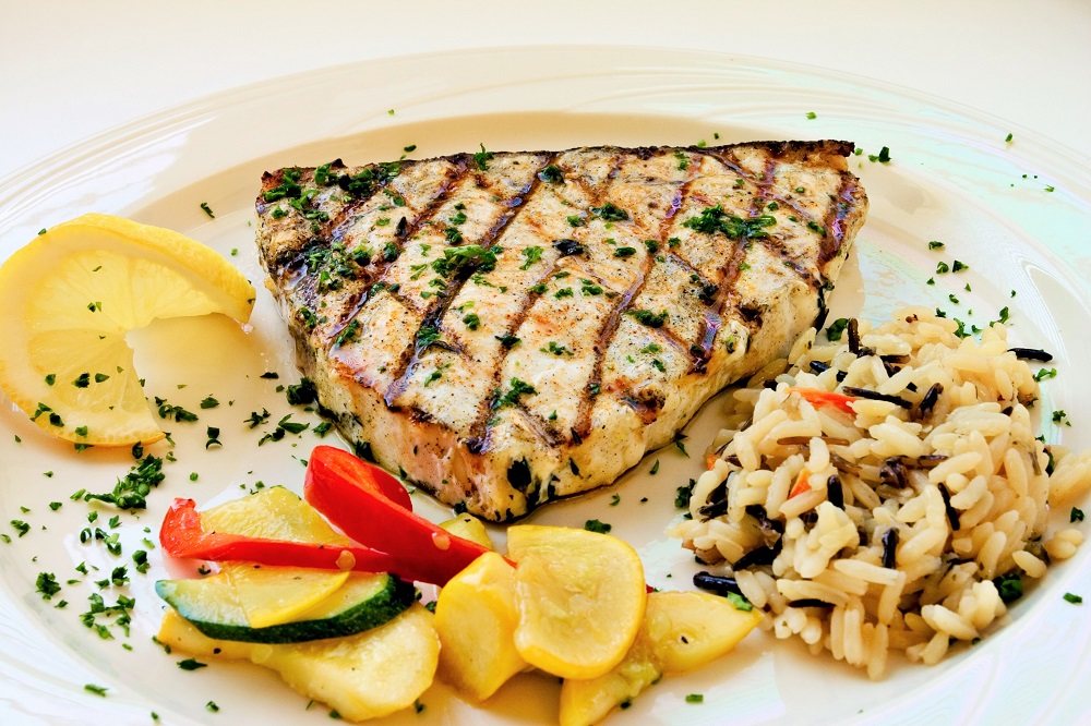 Grilled marinated swordfish w/vegetables and rice
