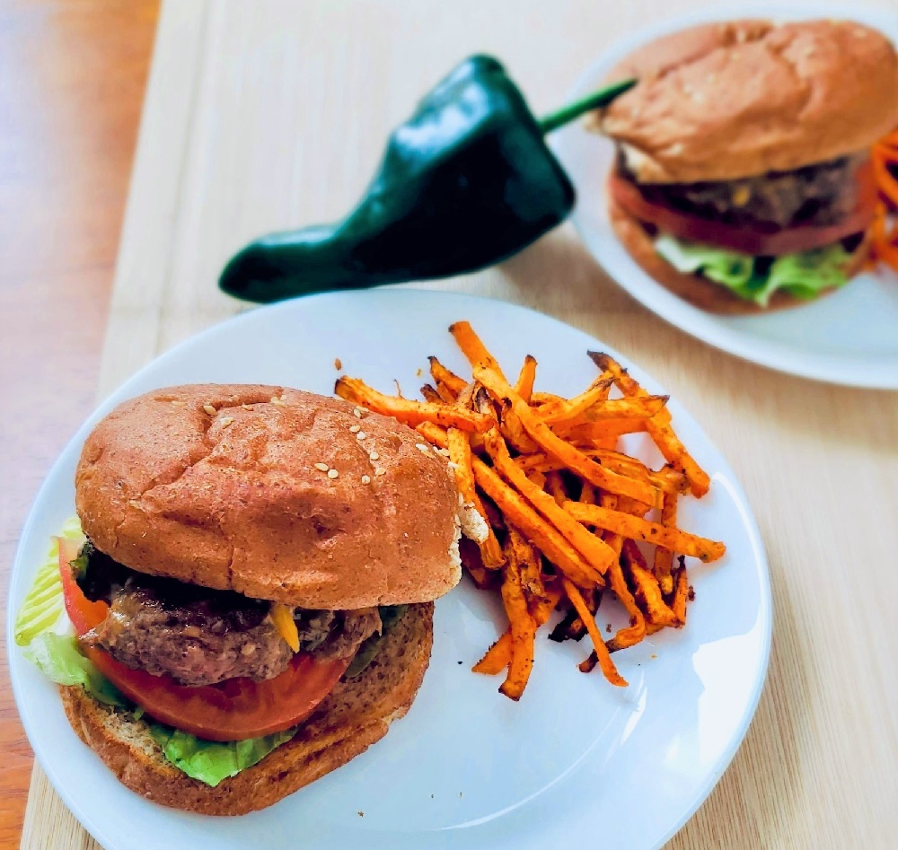Cheddar Jalapeno Burgers with sweet potato fries