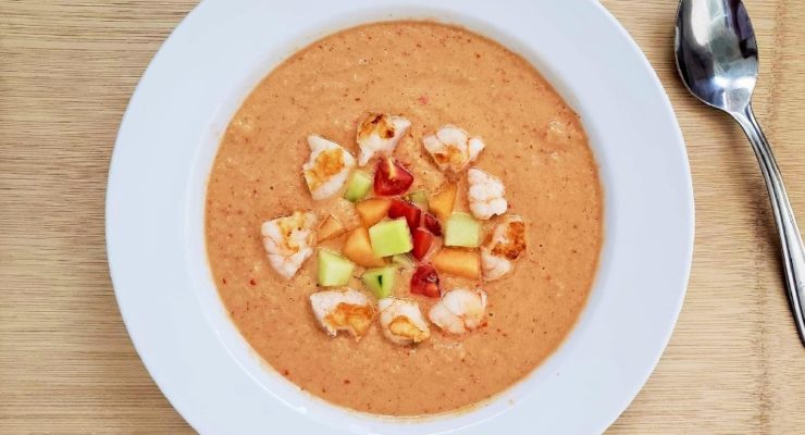 Spicy Cantaloupe Melon Gazpacho with shrimp and cucumber