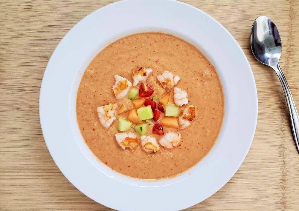 Spicy Cantaloupe Melon Gazpacho with shrimp and cucumber