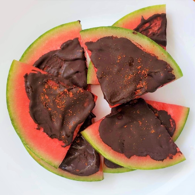 Chocolate Covered Watermelon slices with cayenne pepper and chili powder