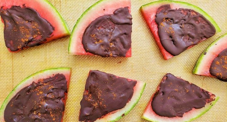 Chocolate Covered Watermelon slices with cayenne pepper and chili powder