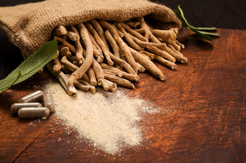 Ashwagandha root, dried root power, leaves, and pill supplements