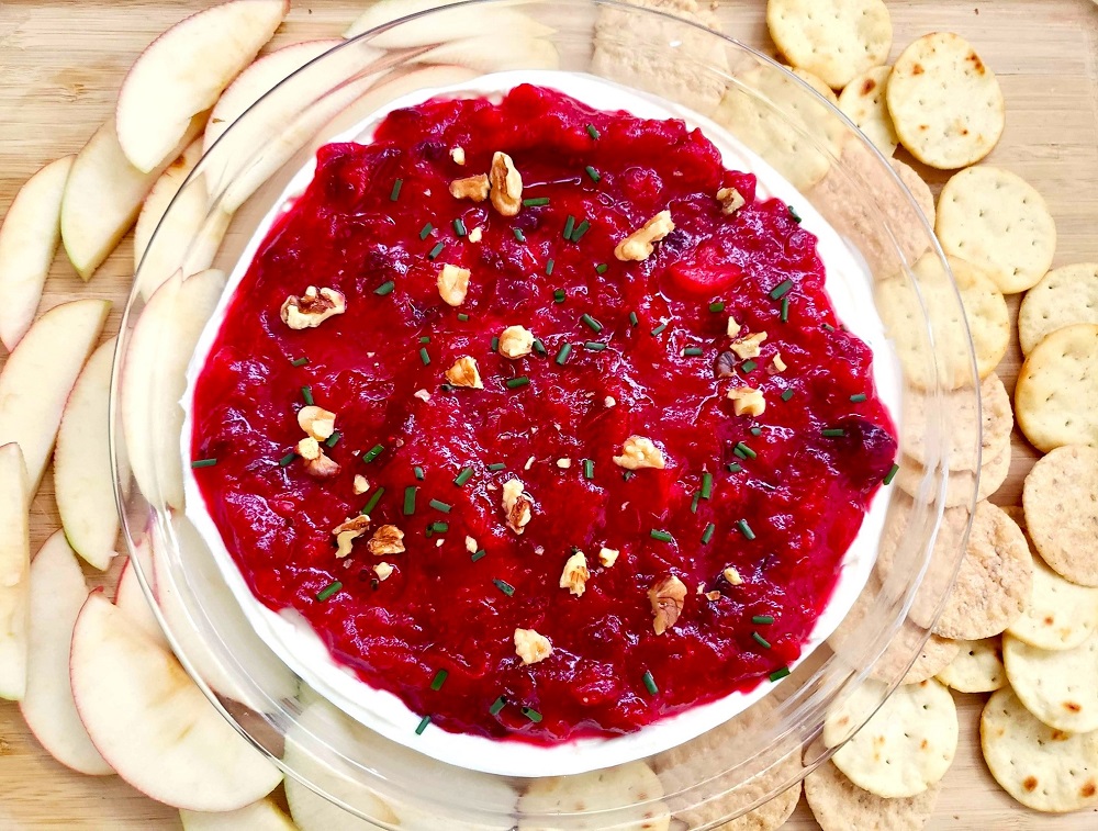 Cranberry Cream Cheese Dip with chives, walnuts, crackers and apple slices