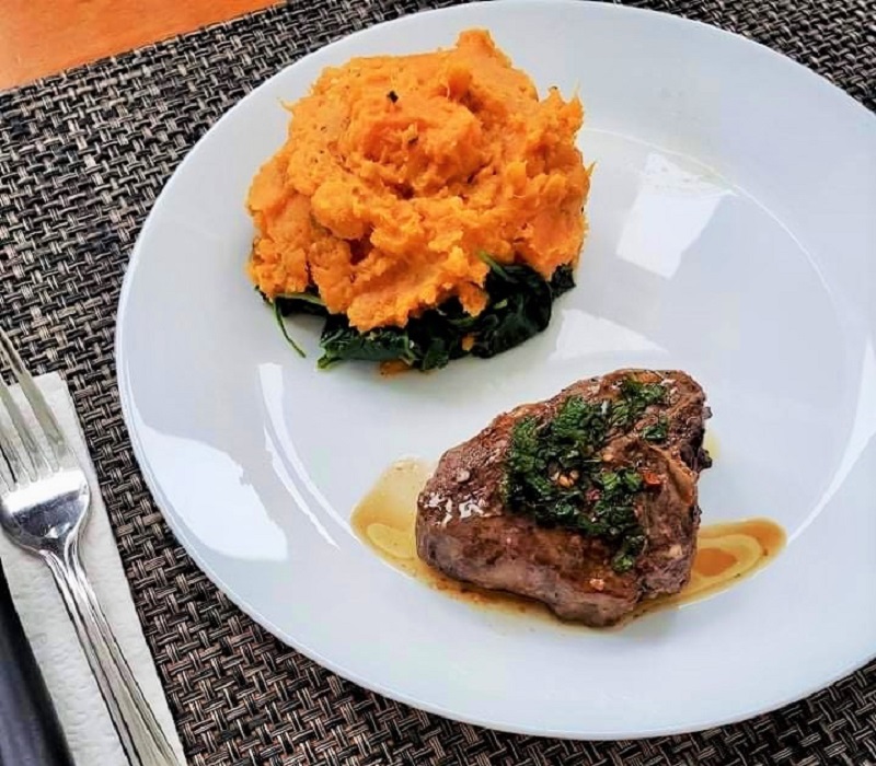 Garlic and Mint Lamb Chops with Spinach and Mashed Sweet Potatoes
