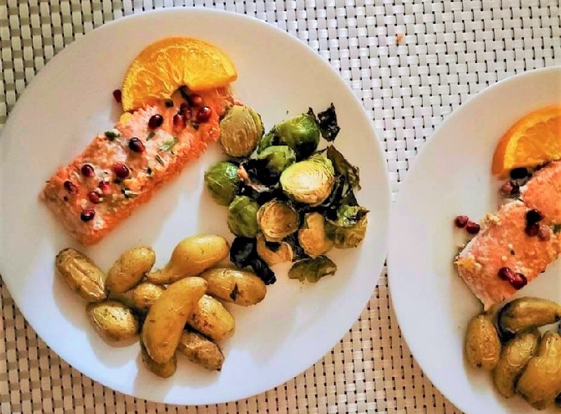 Orange Pomegranate Glazed Salmon with Potatoes and Brussels Sprouts