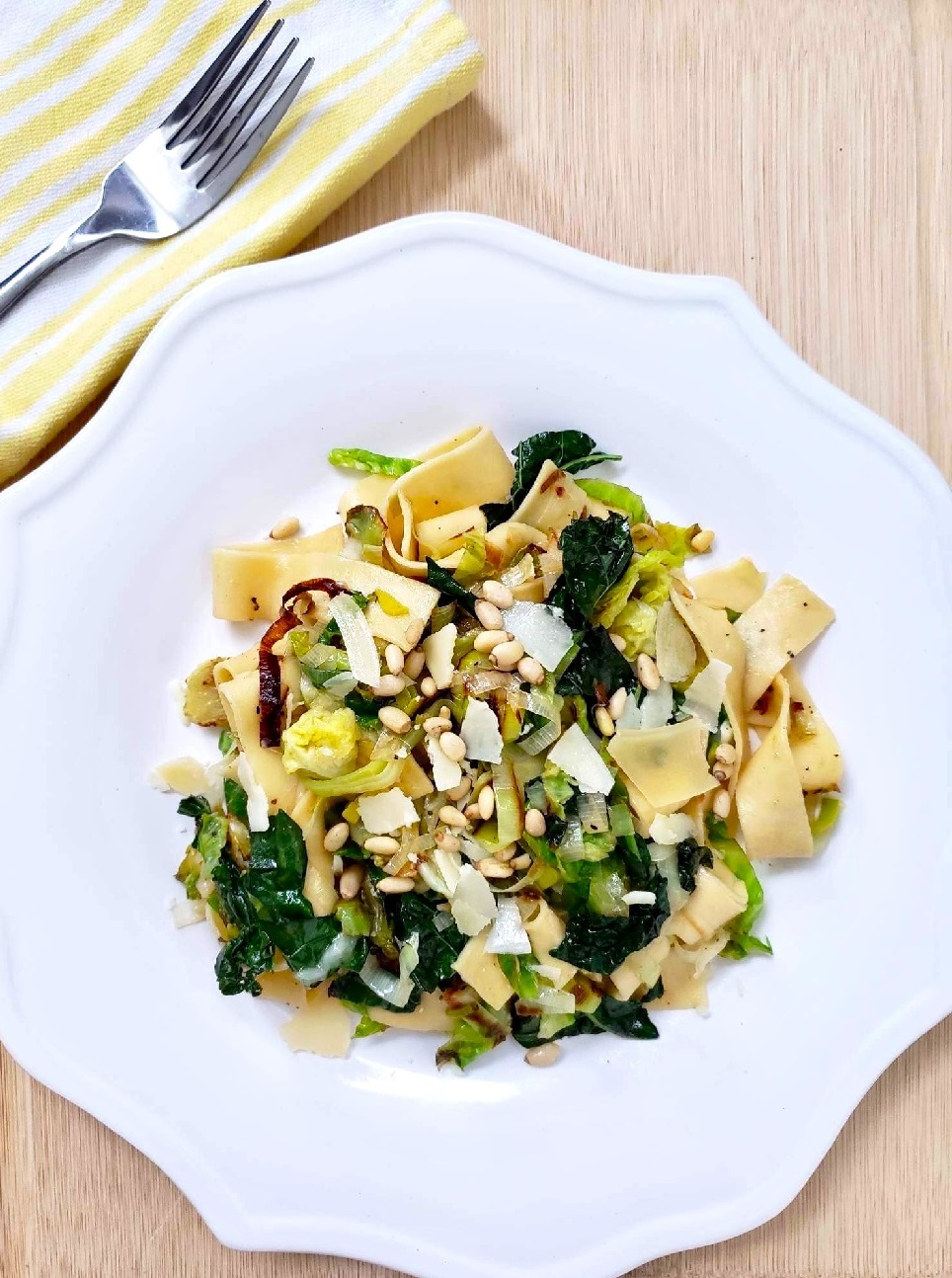 Lemon Leek Pasta with kale and brussels sprouts
