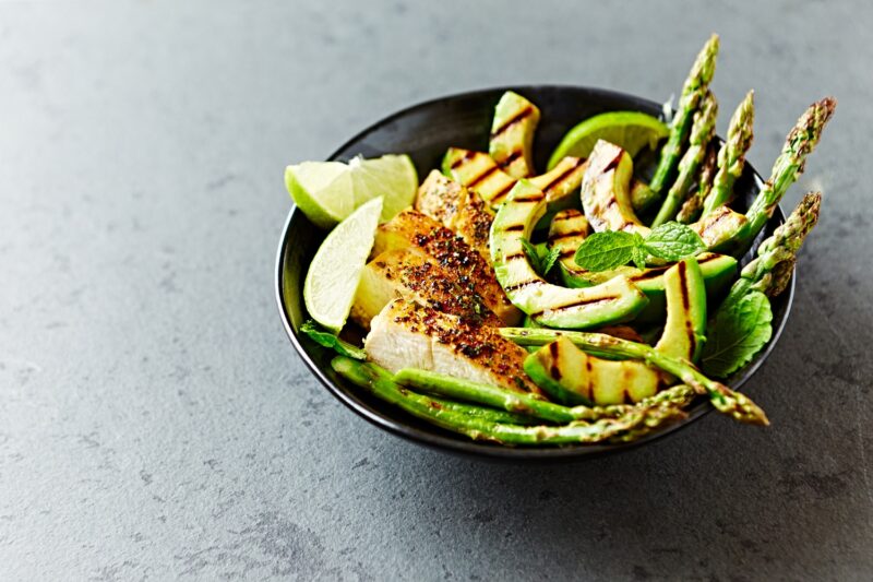Grilled Chicken Salad with Grilled Avocado and Asparagus