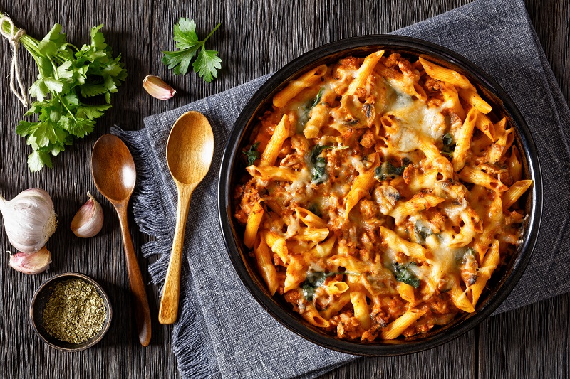 penne pasta bake with ground turkey and swiss chard