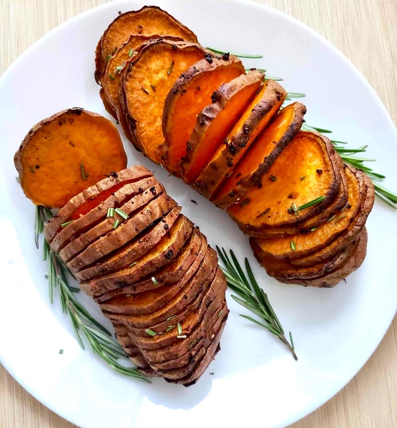 Hasselback Sweet Potatoes with fresh herbs