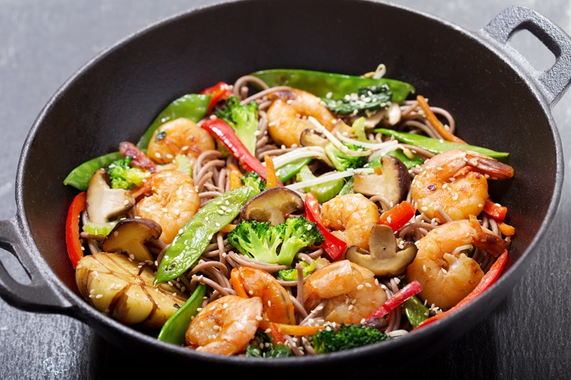 Teriyaki Shrimp Stir Fry with vegetables and soba noodles