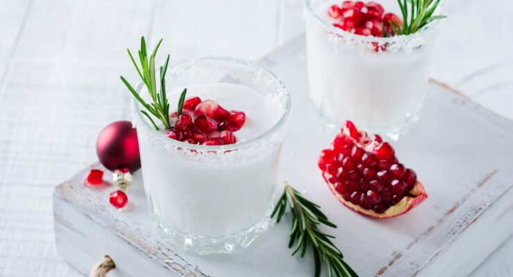 Christmas coconut mojito cocktail with pomegranate seeds