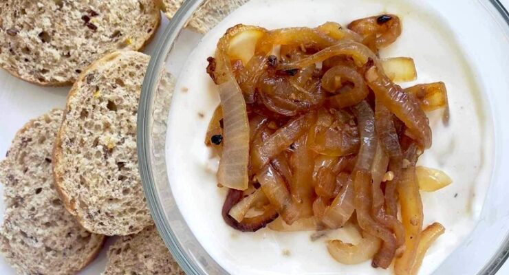 Savory Caramelized Onion Whipped Cottage Cheese with bread