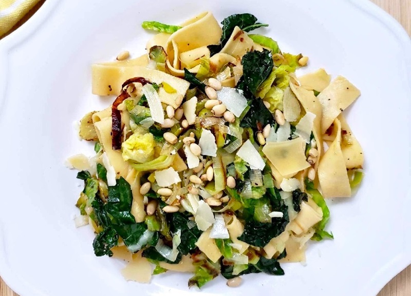 Lemon Leek Pasta with kale and brussels sprouts