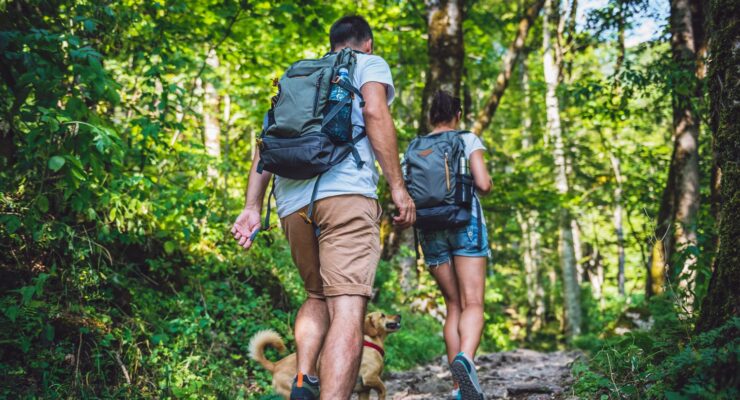 couple hiking and rucking in the woods