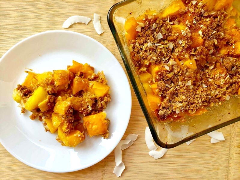 Tropical Pineapple Mango Crisp with coconut flakes