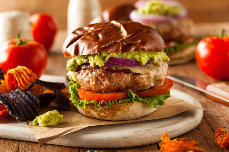 Homemade Healthy Turkey Burgers with Avocado, Cheese, Lettuce and Tomato