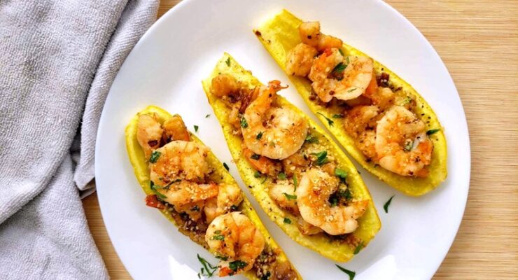 Stuffed Summer Squash with shrimp and basil