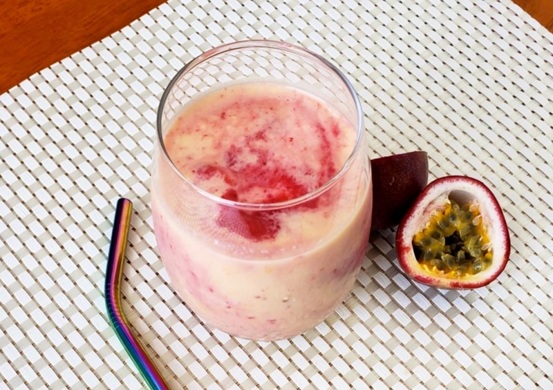 Mango Passion Fruit Smoothie with Raspberries