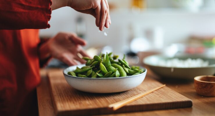 edamame, a plant-based protein for a high-protein diet, which may help with balancing hormones for weight loss.