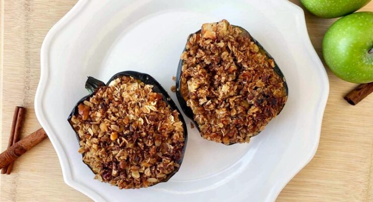 Apple Stuffed Acorn Squash topped with oatmeal crumble