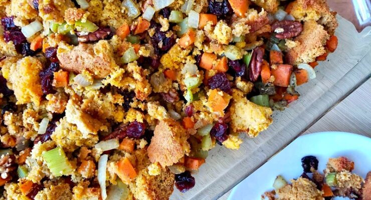 Homemade Cornbread Dressing Recipe with dried fruit and pecans