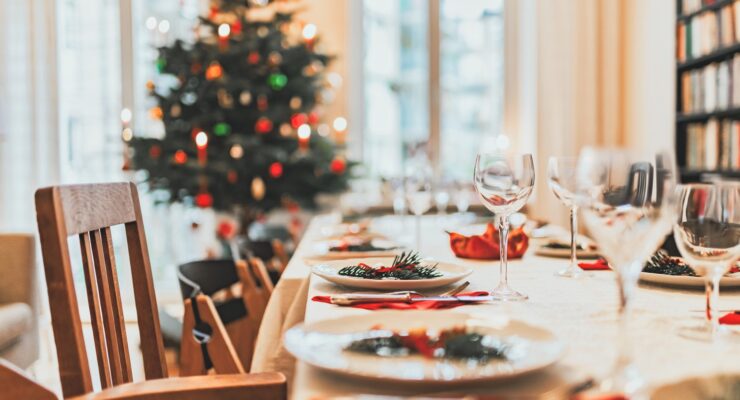 holiday dinner table decorated for Christmas