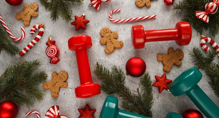 Dumbbells, Christmas tree branches, gingerbread man cookies, candy canes decorations, decor pendant ornaments.