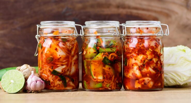 Various kimchi (kimchi cabbage, cucumber and radish) in jars