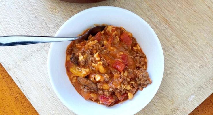 Beef Goulash in a Dutch oven and a bowl